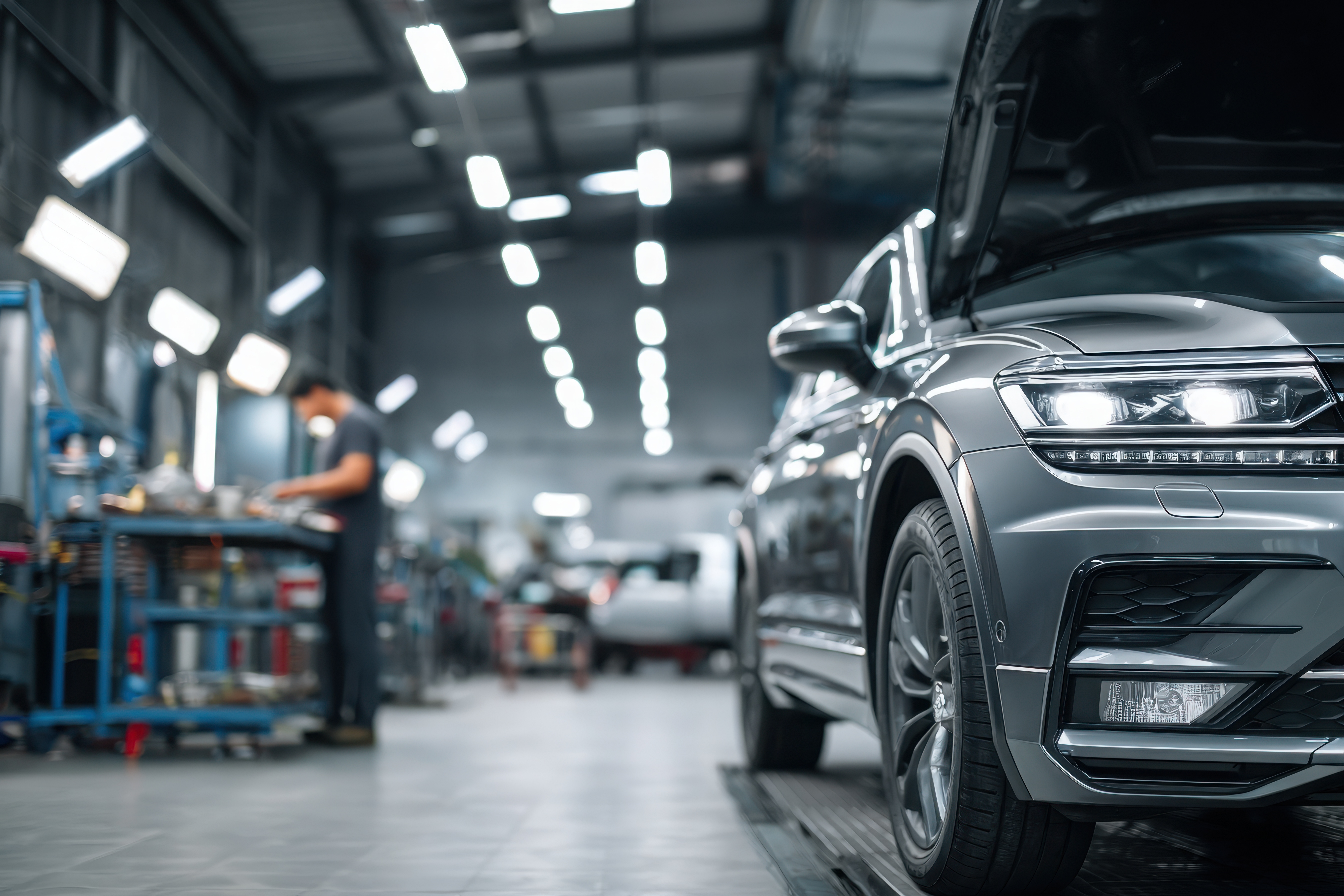 Taller automotriz con vehículo y equipo de mantenimiento
